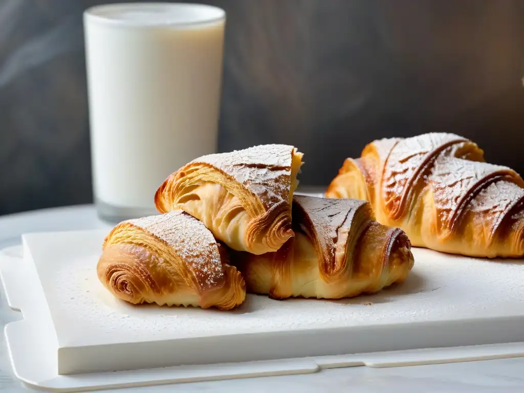 Delicioso croissant recién horneado con un toque de azúcar glas en una elegante encimera de mármol, ideal para estrategias email marketing pastelerías