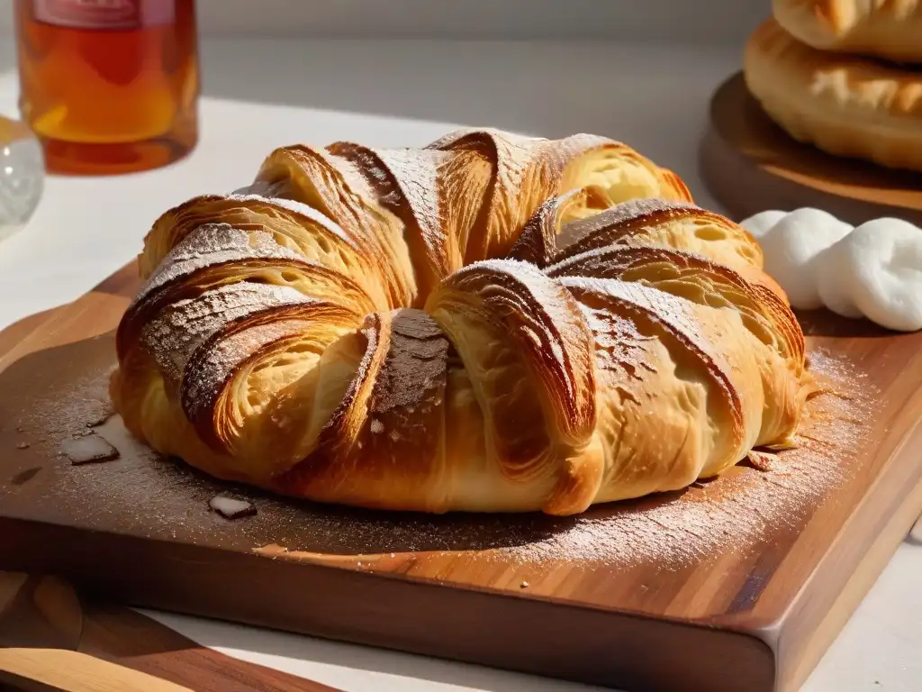 Delicioso croissant recién horneado en tabla de madera, con azúcar glas y migas, ideal para programas de fidelización para pastelerías