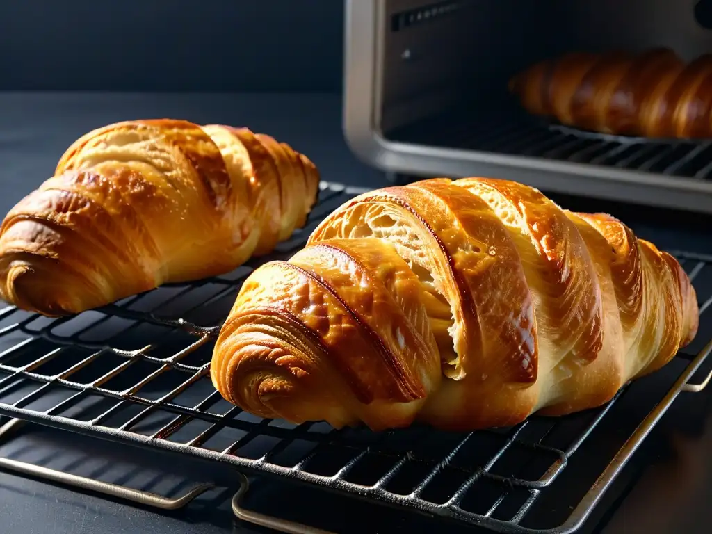 Delicioso croissant recién horneado en un horno de convección, con capas doradas y crujientes