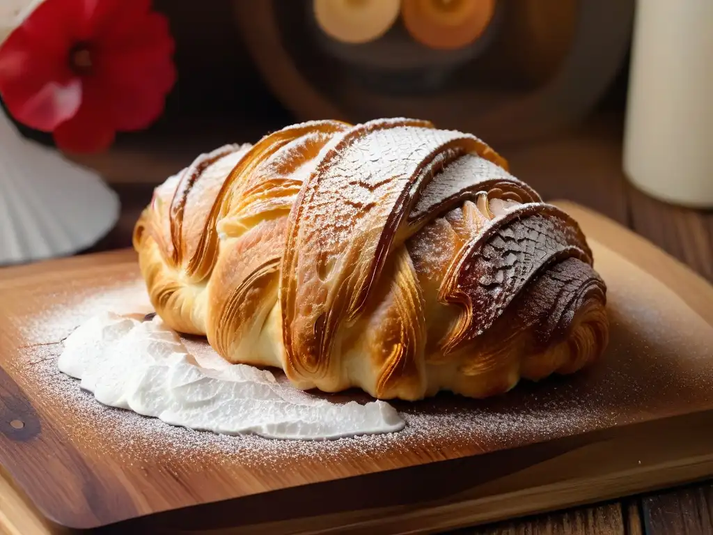 Delicioso croissant recién horneado en tabla de madera, con azúcar glas y aromas tentadores, ideal para Retiros de cocina exclusivos repostería