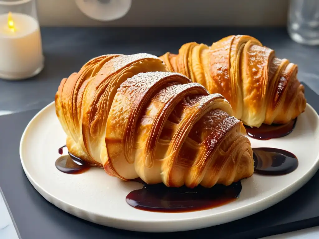 Delicioso croissant vegano dorado con sirope de ágave en plato blanco moderno sobre encimera de mármol negro