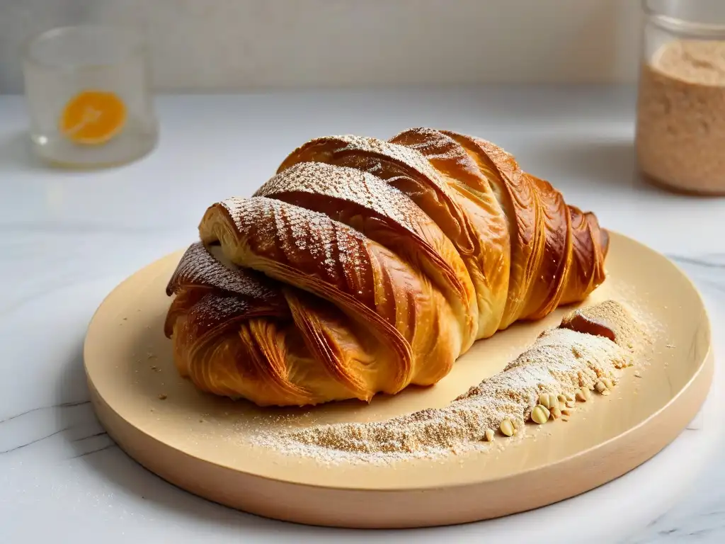 Delicioso croissant vegano dorado con glaseado y semillas de lino en plato moderno sobre encimera de mármol blanco