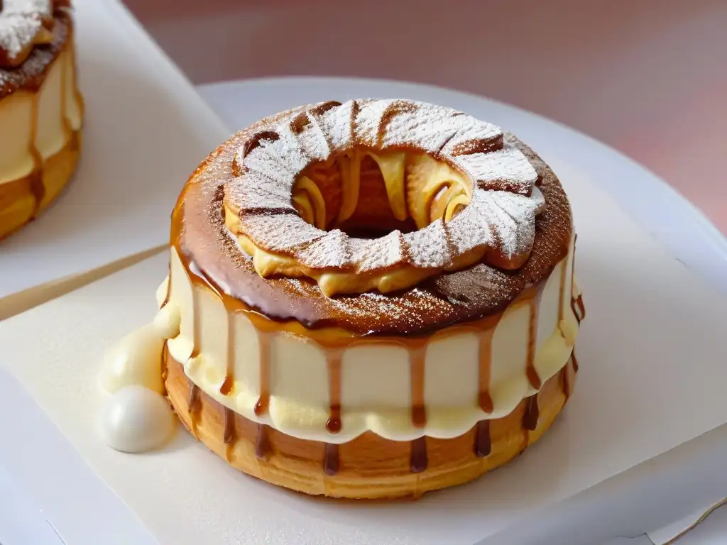 Delicioso cronut con capas doradas y glaseado brillante