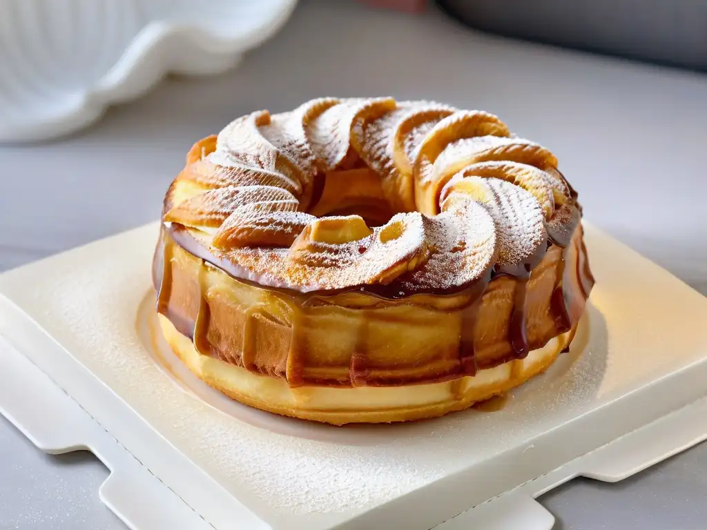 Delicioso cronut casero dorado, con capas de croissant y donut, espolvoreado con azúcar glas