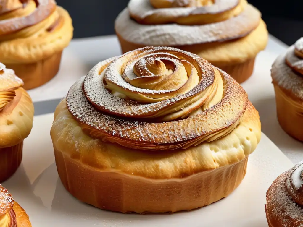 Delicioso cruffin recién horneado, con capas y corteza dorada, espolvoreado con azúcar glass