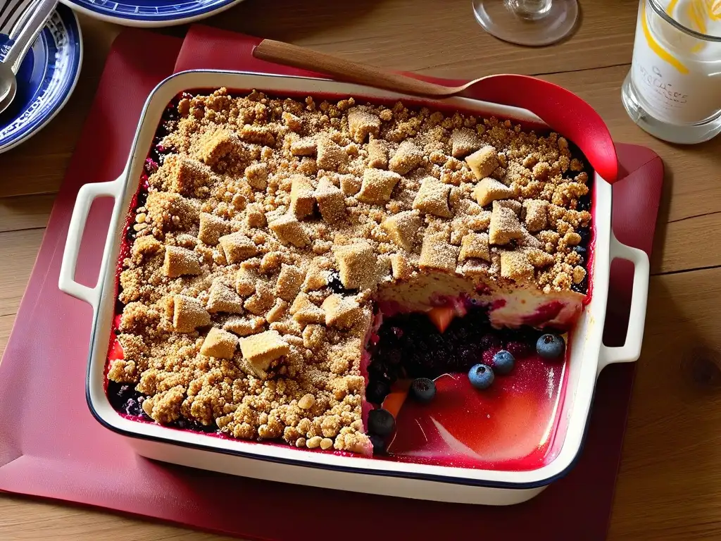 Delicioso crumble de frutos rojos otoño con crujiente de avena dorada y canela en fuente cerámica rústica