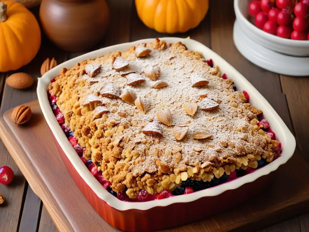 Delicioso crumble de frutos rojos otoñal con crujiente cubierta dorada de avena y almendras, sobre mesa rústica con hojas de otoño