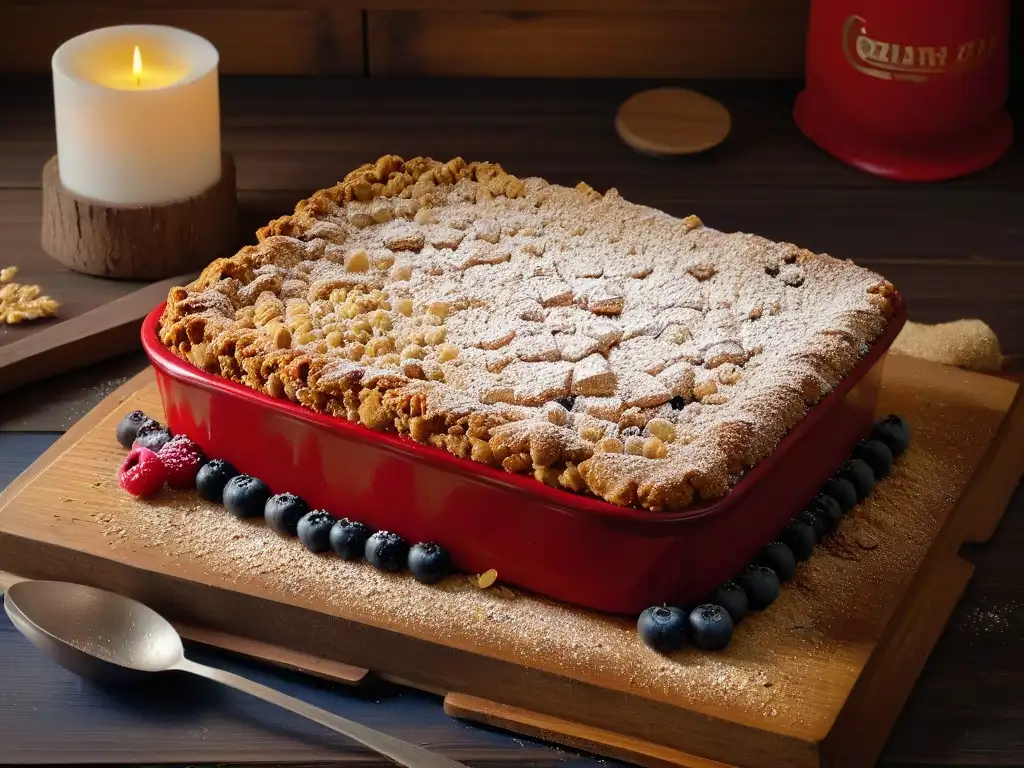 Delicioso crumble de manzana y frutos rojos en mesa rústica, una receta irresistible