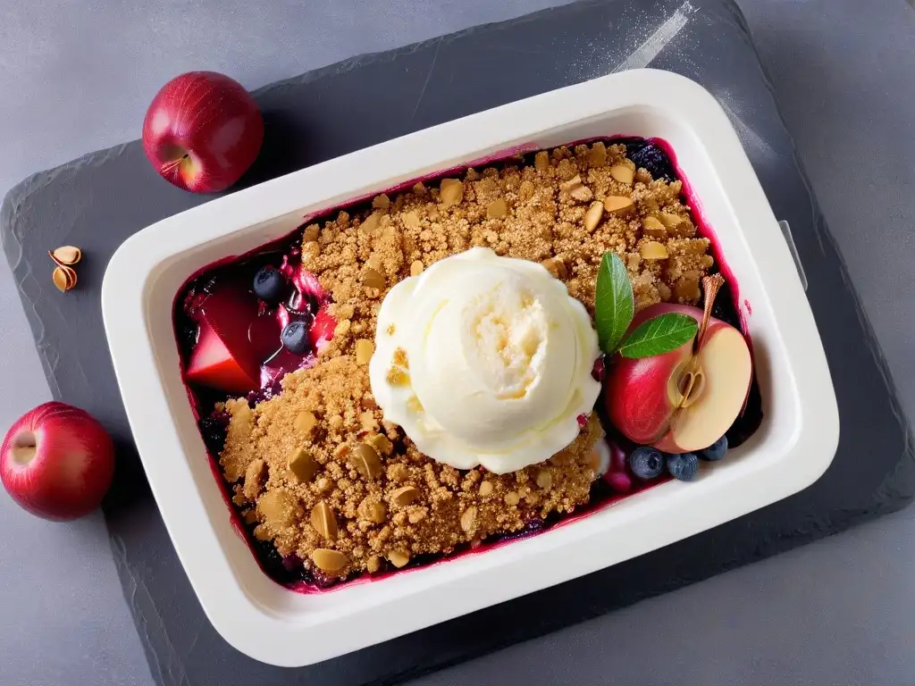 Delicioso crumble de manzana y frutos rojos con helado de vainilla en plato minimalista