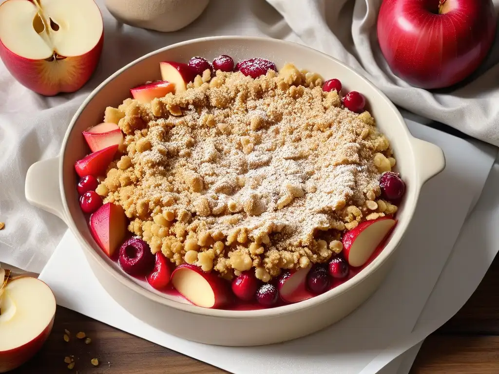 Delicioso crumble de manzana y frutos rojos recién horneado, con crujiente y dorada cubierta de avena