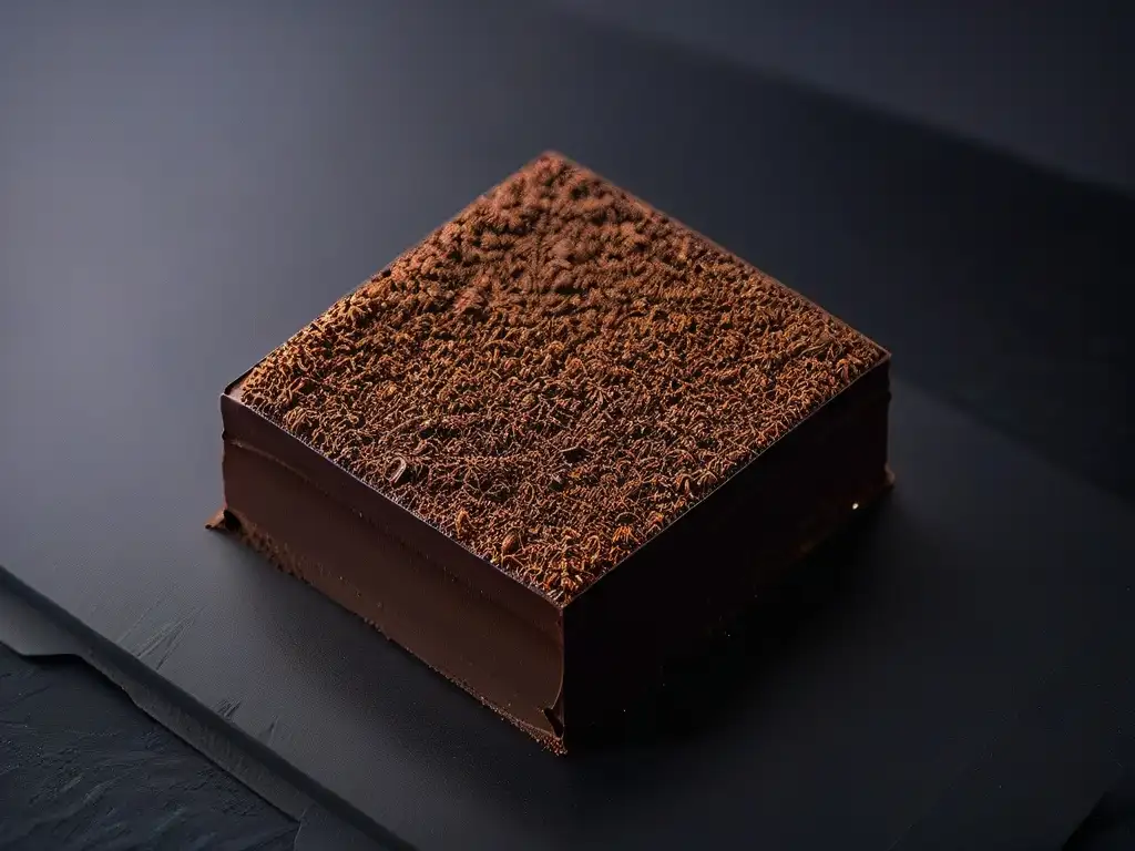 Delicioso cuadrado de chocolate premium con diseño de cacao en relieve sobre elegante superficie negra