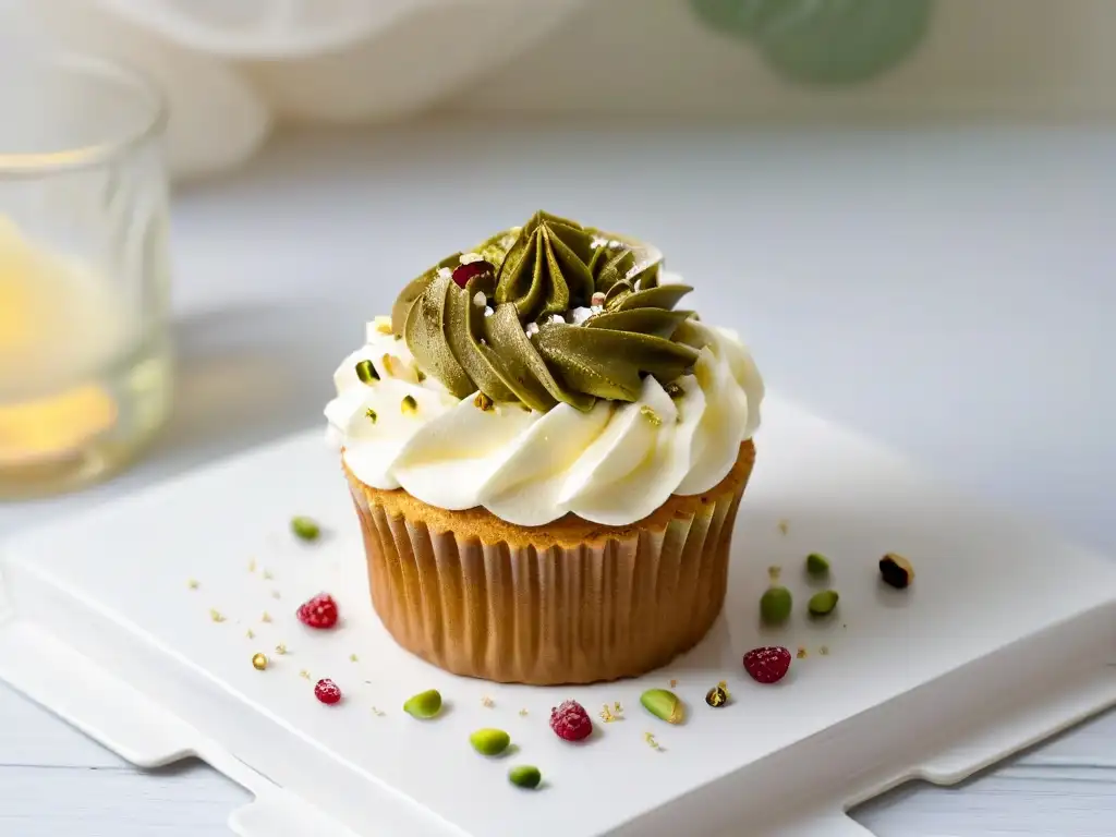Delicioso cupcake dorado sin azúcar con frosting de queso crema y frambuesa Delicioso cupcake sin azúcar con frosting de queso crema, frambuesa y pistachos en plato blanco