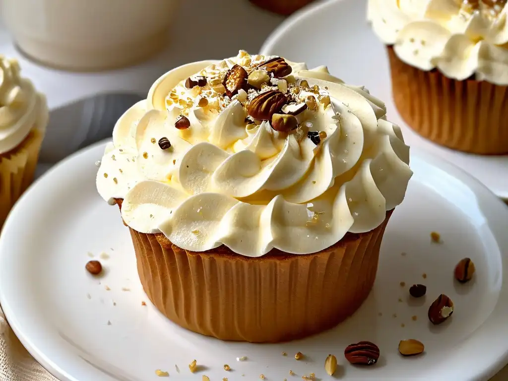 Un delicioso cupcake bajo en carbohidratos con frosting sin azúcar y nueces, ideal para diabéticos