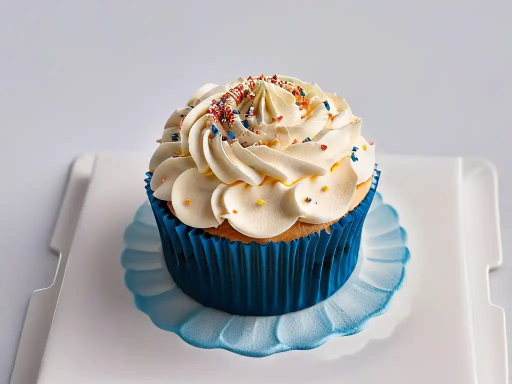 Un delicioso cupcake con brillos y colores en un elegante plato blanco