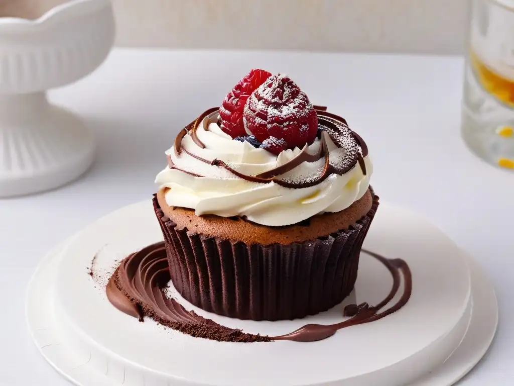 Delicioso cupcake de chocolate con frosting cremoso, decorado con frambuesa