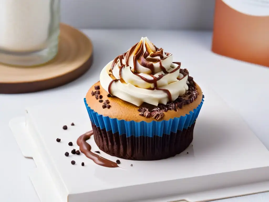 Delicioso cupcake decorado con arte y cacao de Comercio Justo en plato minimalista