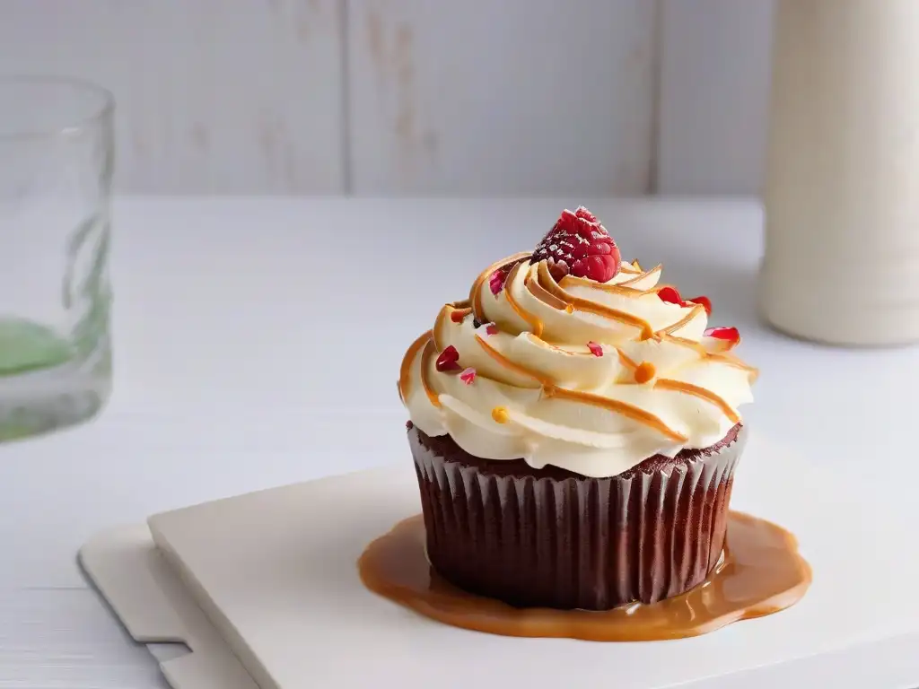 Delicioso cupcake decorado con detalle en un plato blanco, en una pastelería vibrante