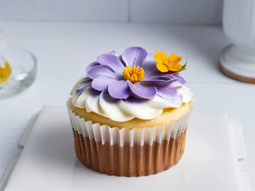 Un delicioso cupcake decorado con flores comestibles y glaseado, en un plato blanco