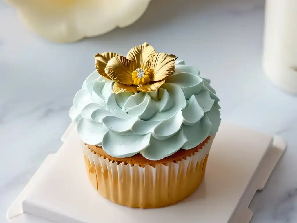Exquisito cupcake decorado con flores y oro sobre mármol blanco Delicioso cupcake decorado con flores comestibles y oro sobre mármol blanco, para estrategias reseñas positivas pastelerías