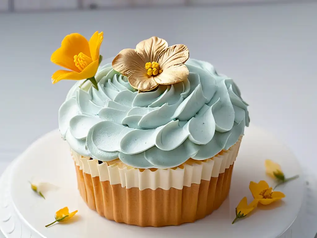 Delicioso cupcake con flores comestibles y hoja de oro en fondo blanco