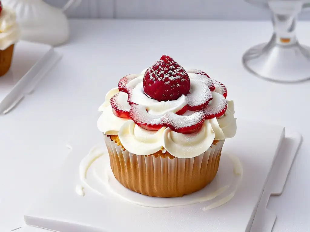 Delicioso cupcake con frambuesa fresca Delicioso cupcake con glaseado sin azúcar y frambuesa fresca, ideal para 'Recetas de repostería para diabéticos'