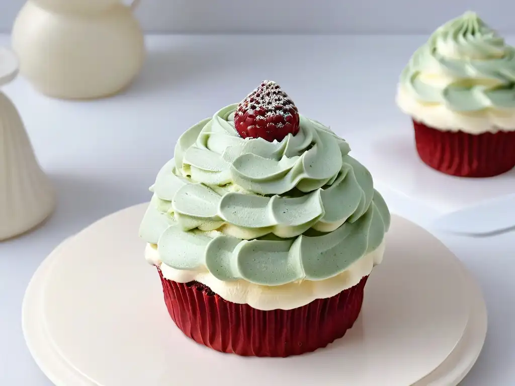Delicioso cupcake con frambuesa: detalle ultrafino Un delicioso cupcake glaseado con una frambuesa madura sobre fondo blanco