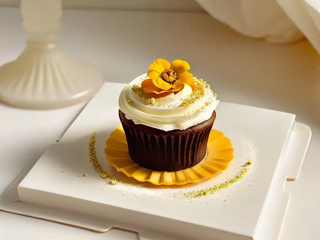 Delicioso cupcake sin gluten con flor comestible y polvo dorado en plato blanco moderno