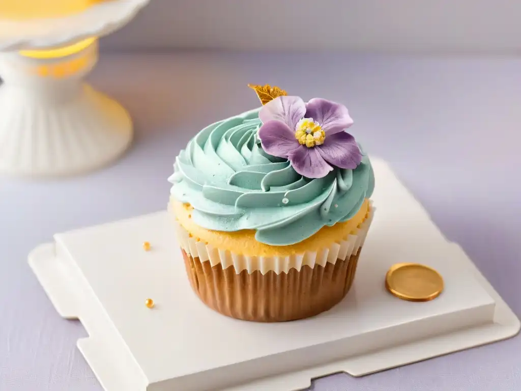 Delicioso cupcake gourmet sin gluten decorado con detalle, flores comestibles y toques de oro