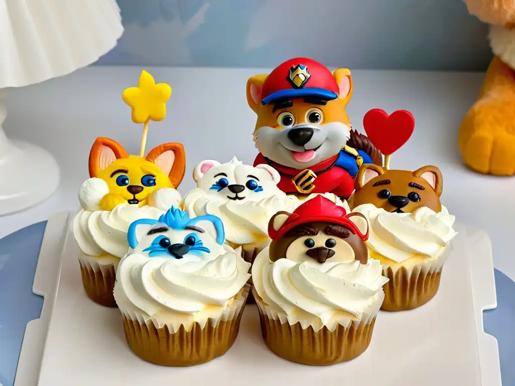 Un delicioso cupcake temático de Paw Patrol con decoraciones detalladas de Chase, Marshall, Skye y Rubble en una elegante vajilla blanca