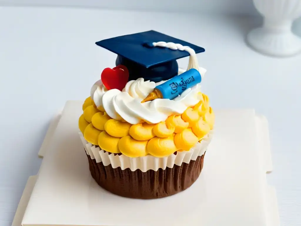 Un delicioso cupcake temático de graduación con detalles meticulosos y coloridos