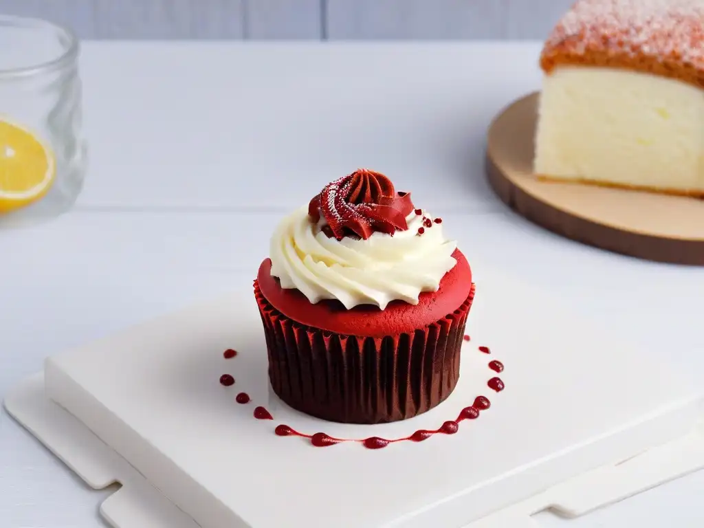 Delicioso cupcake terciopelo rojo con crema de queso, en plato blanco, fondo difuminado