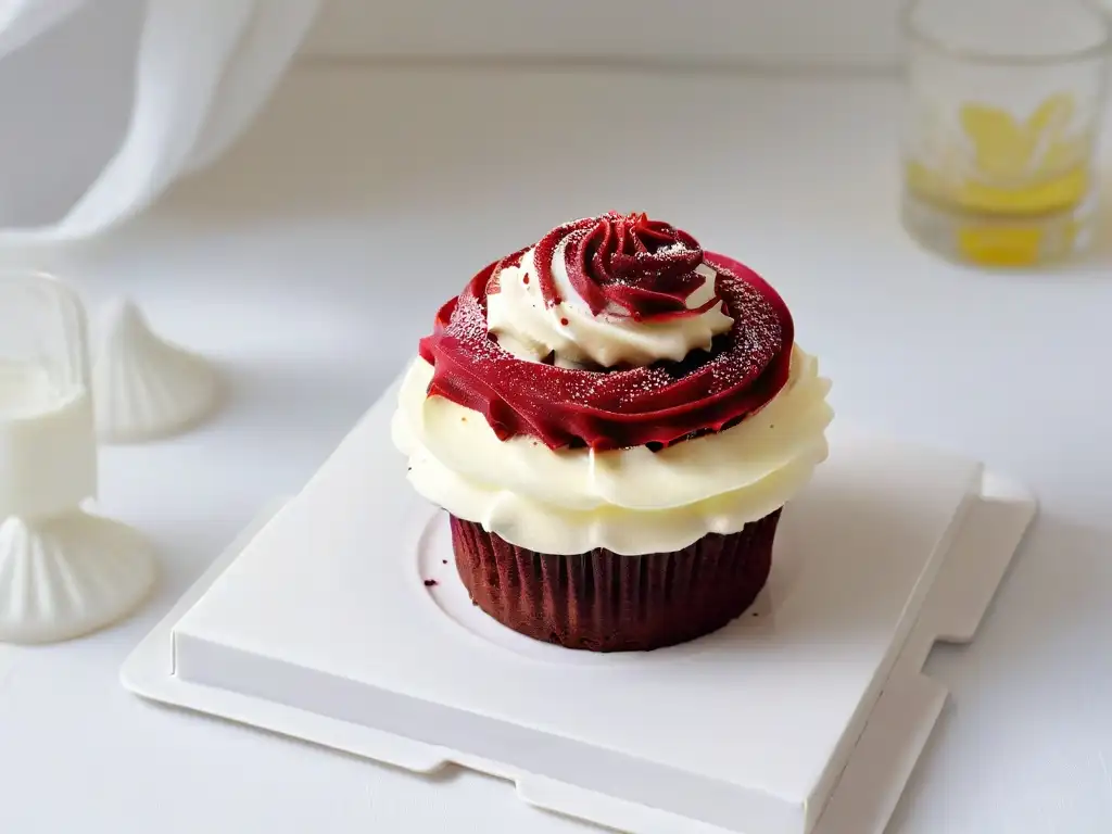 Delicioso cupcake terciopelo rojo con frosting de queso crema y frambuesa fresca