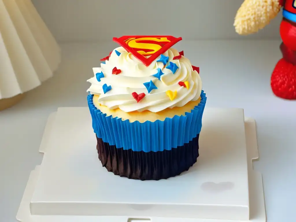 Delicioso cupcake de superhéroes con detalles vibrantes Delicioso cupcake de vainilla con diseños de superhéroes detallados en rojo, azul y amarillo sobre fondo blanco