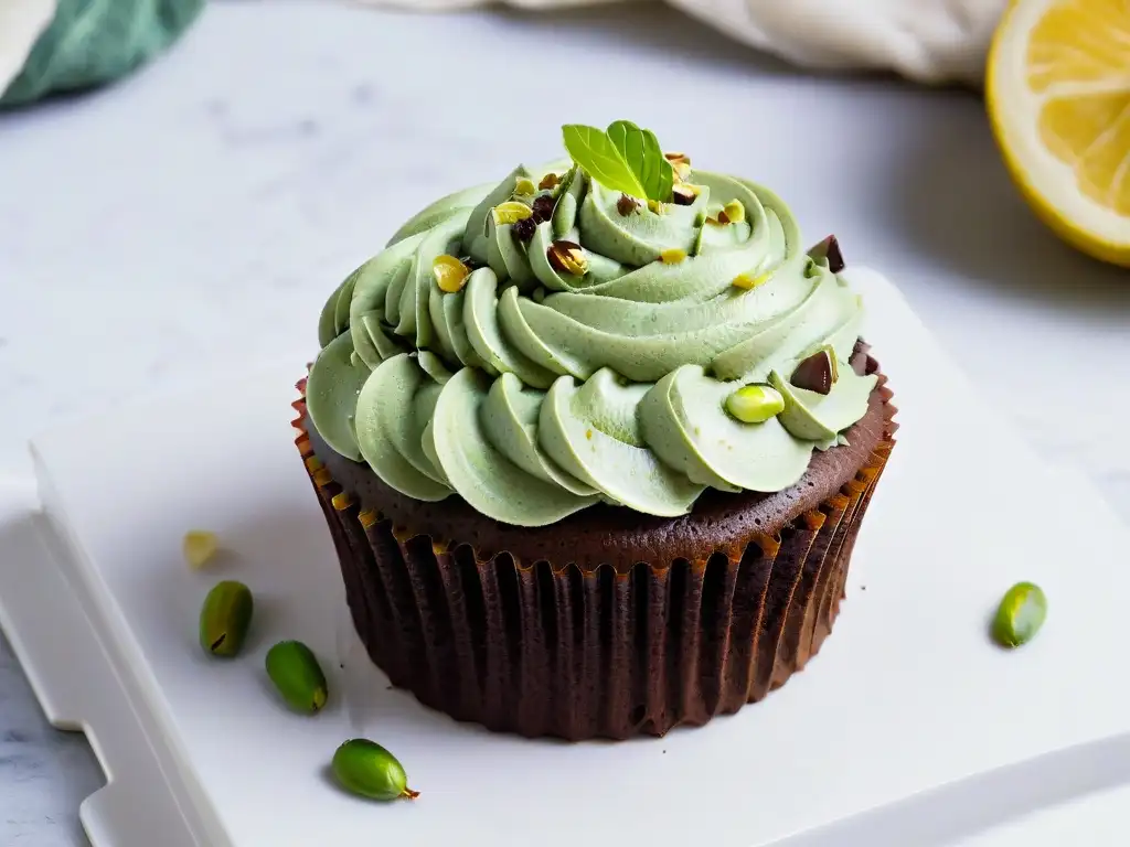 Delicioso cupcake vegano de chocolate con pistachos en elegante encimera de mármol