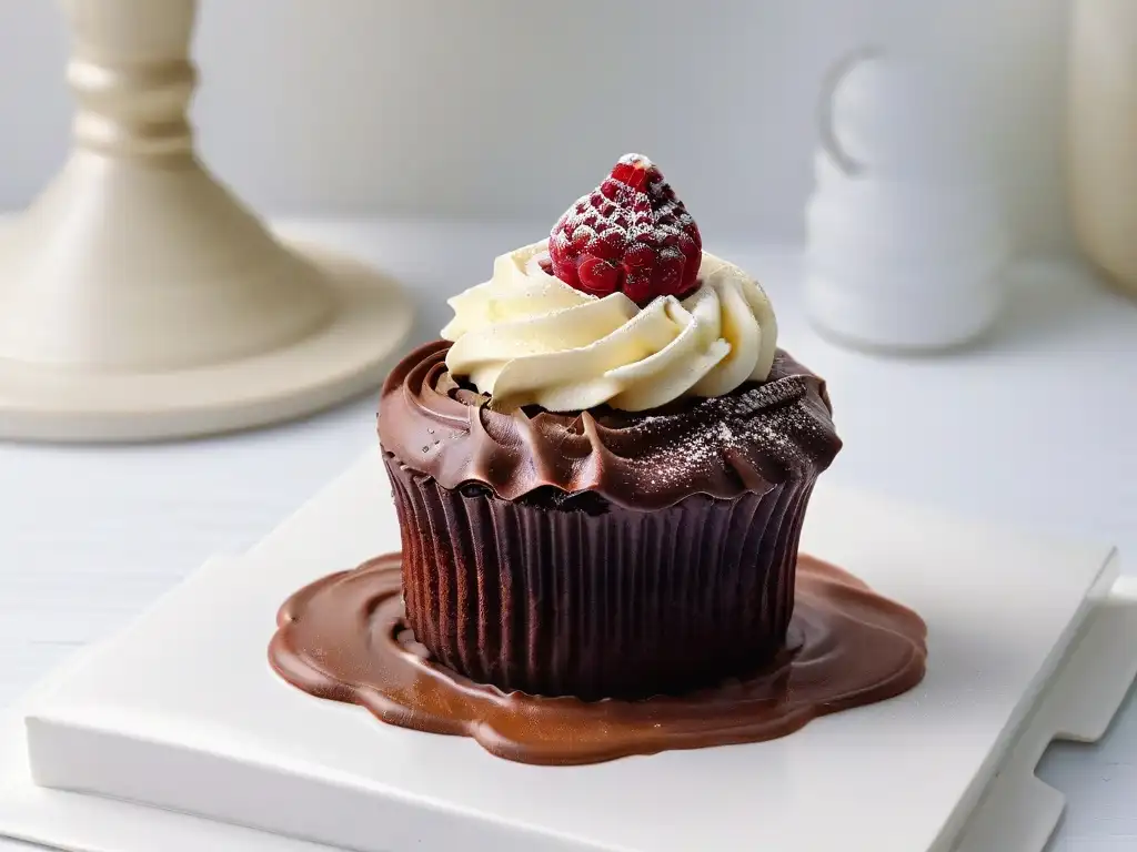 Delicioso cupcake vegano con cobertura perfecta de ganache de chocolate y frambuesa fresca en plato blanco moderno