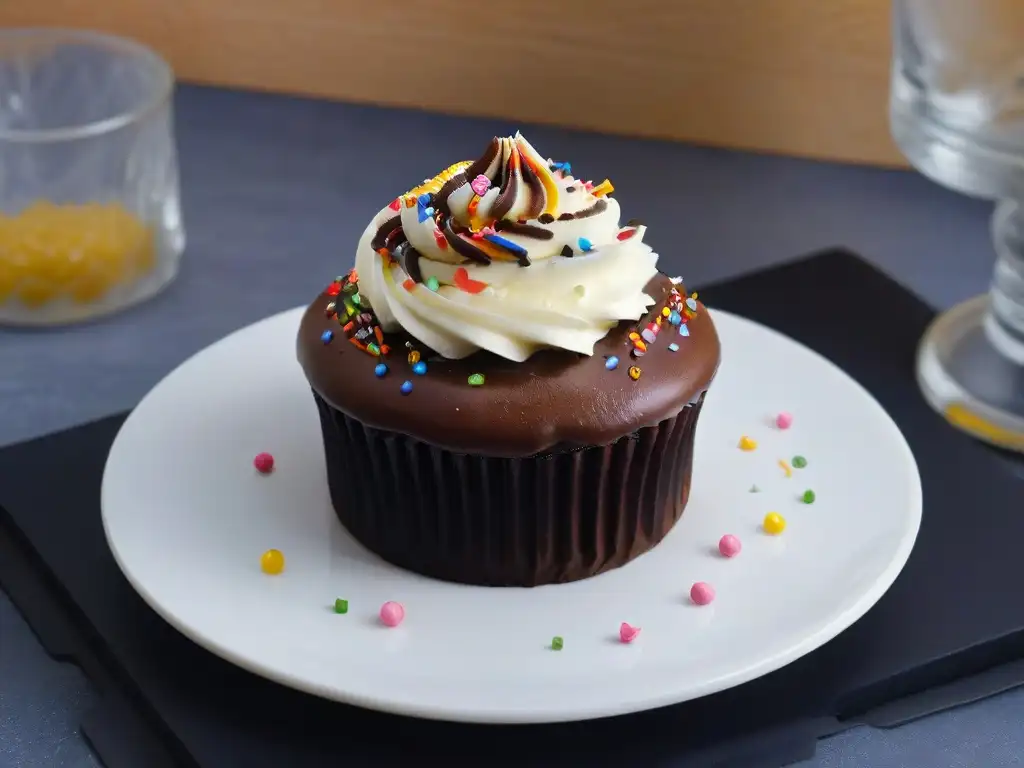 Delicioso cupcake vegano con cobertura perfecta de ganache de chocolate y sprinkles veganos