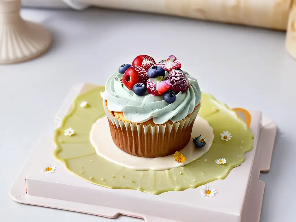 Delicioso cupcake vegano decorado con frutas y flores en plato cerámico moderno