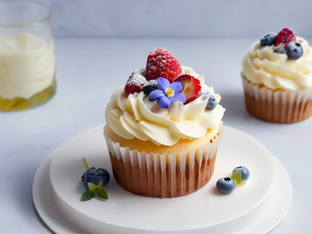 Delicioso cupcake vegano con bayas y flores en mármol moderno, reflejando repostería vegana innovadora tendencias globales