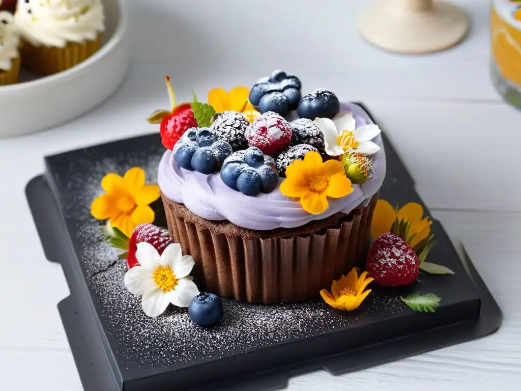 Delicioso cupcake vegano con semillas de chía, frutas frescas y flores comestibles, sobre plato negro, en mesa de madera