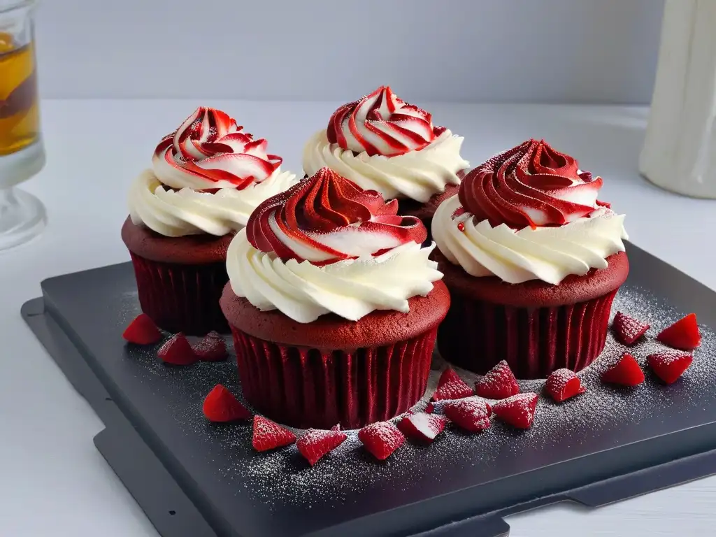 Delicioso cupcake vegano de terciopelo rojo con crema sin lácteos Delicioso cupcake vegano de terciopelo rojo con frosting cremoso, decorado con frambuesa