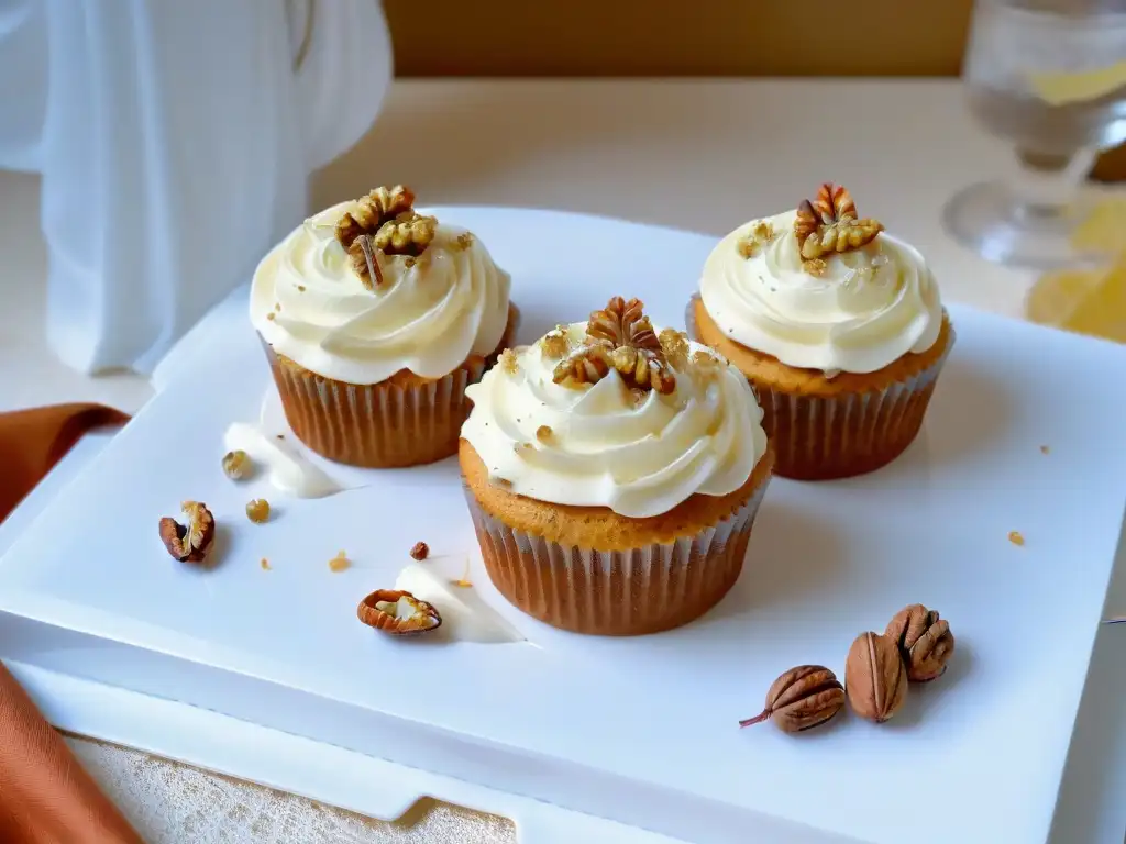 Delicioso cupcake de zanahoria y nuez con crema y nueces, presentado elegantemente en un plato blanco moderno