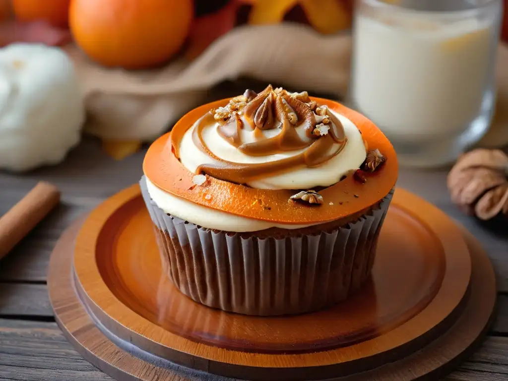 Delicioso cupcake de zanahoria y nuez con crema de queso y caramelo, sobre mesa de madera en otoño