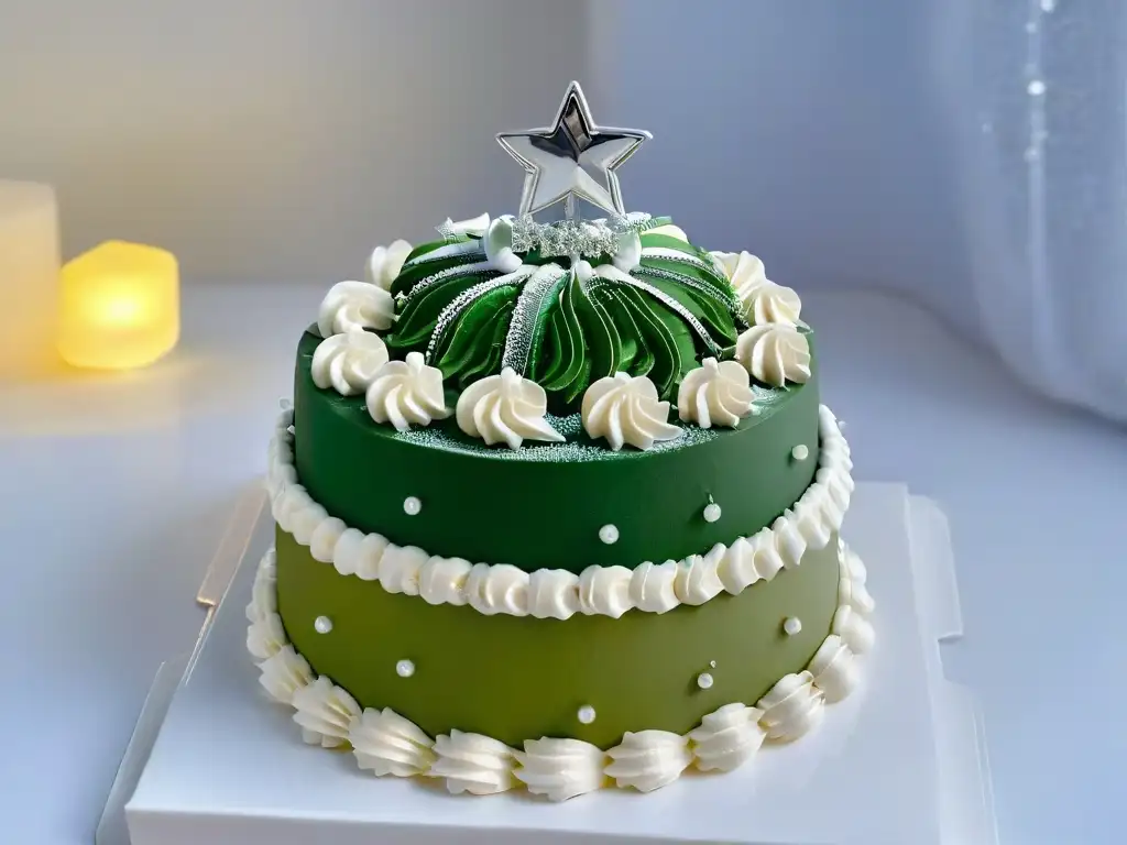 Un delicioso y decorado pastel navideño con detalles en fondant, perlas de plata y copos de nieve, ideal para 'Recetas postres navideños innovadoras'