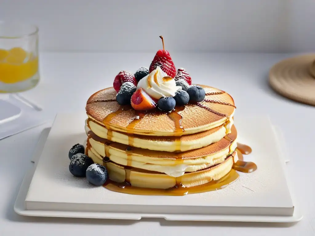 Deliciosos pancakes con sirope de arce y frutos rojos Delicioso desayuno de pancakes con jarabe de arce, crema batida y frutos rojos