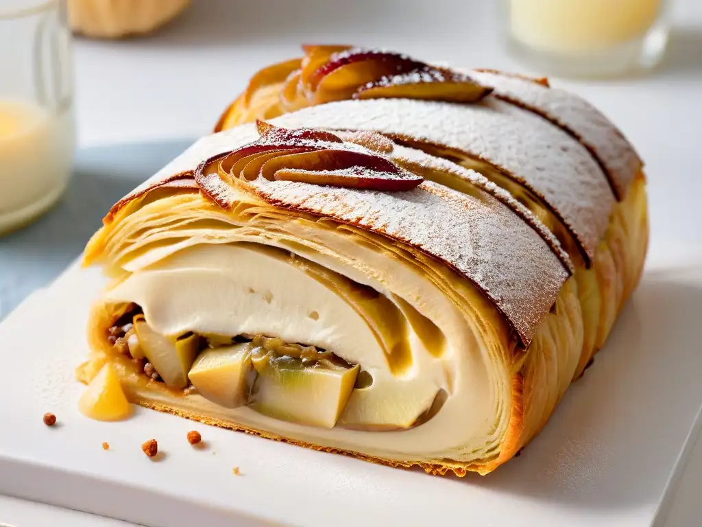 Delicioso strudel de manzana recién horneado Un delicioso y detallado strudel de manzana recién horneado, la mejor receta típica de Austria