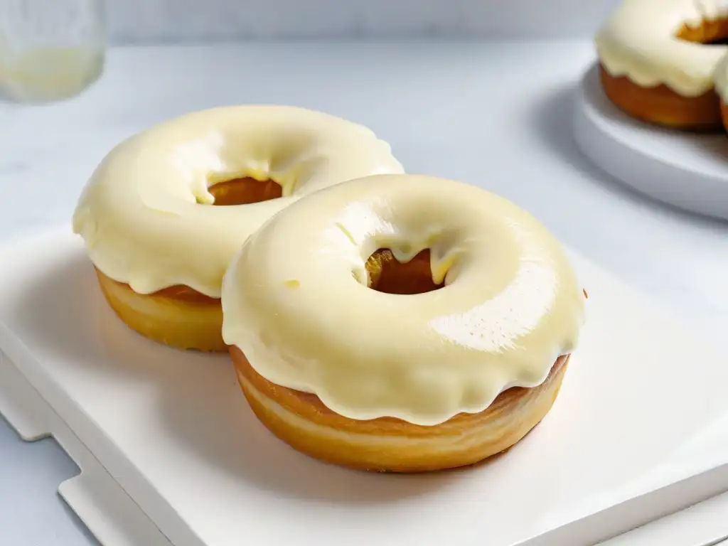 Delicioso donut casero recién glaseado en elegante encimera de mármol