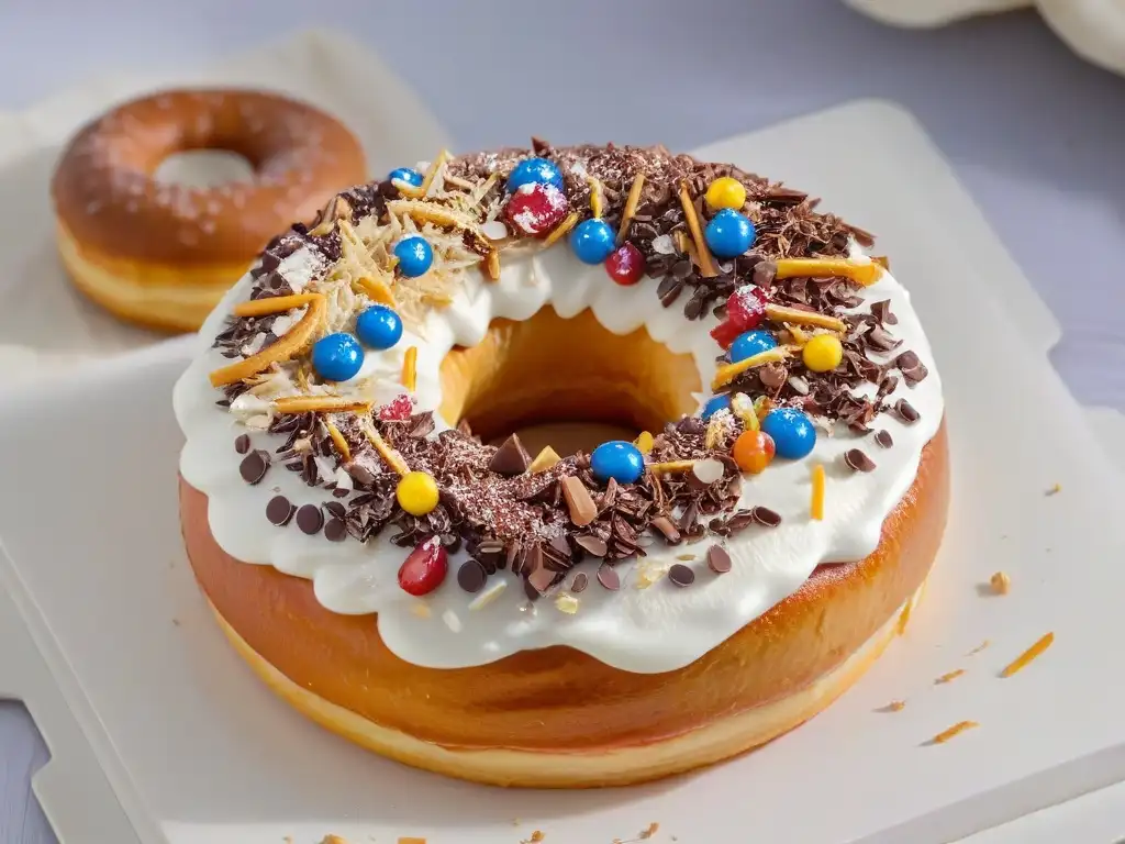 Delicioso donut casero con trucos de glaseado y coloridos toppings