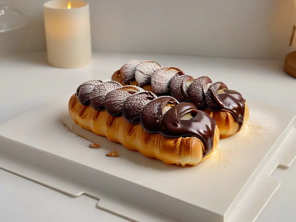 Delicioso éclair dorado con chocolate brillante sobre encimera de mármol