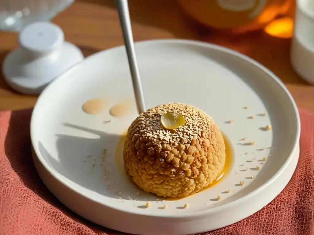 Delicioso sesame ball dorado en plato blanco, con semillas brillantes