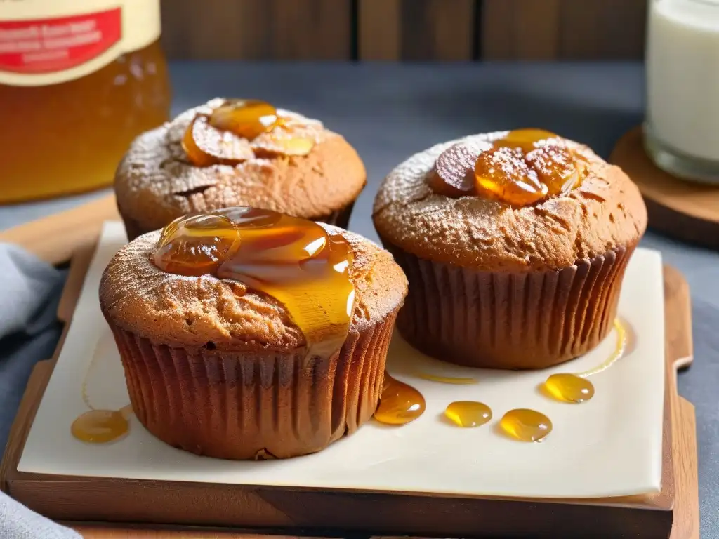 Delicioso drizzle dorado de miel sobre muffins integrales recién horneados